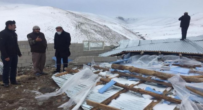 Aşkale’de şiddetli rüzgar ahırın çatısını uçurdu