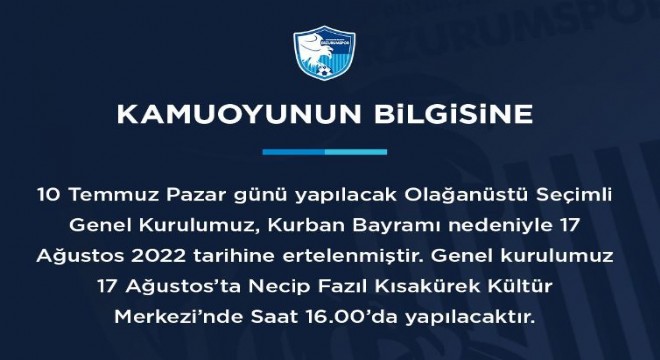 Erzurumspor Kongresi 17 Ağustos ta yapılacak